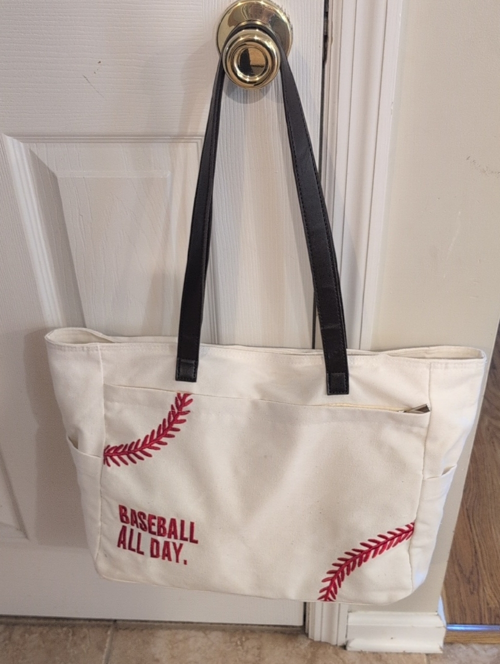 Canvas Baseball Tote with Red Stitching and Black Straps